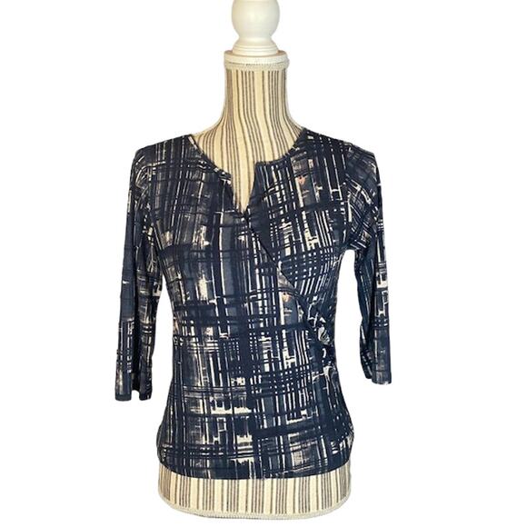 Anne Klein Black Printed Faux Wrap Style Career Blouse Women SZ S - Picture 1 of 7